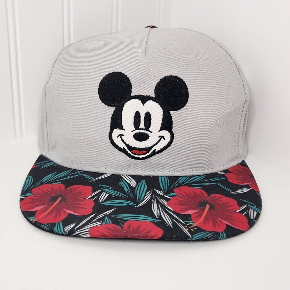 Disney Mickey Mouse Hat Mens OSFM Gray Red Floral Tropical Snapback Baseball Cap